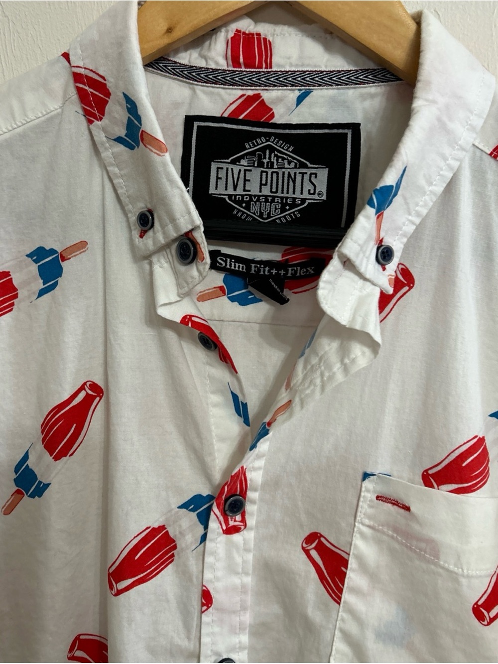 Five Points Youth Retro White Button-Down Shirt with Red & Blue Popsicle Med - Picture 3 of 10